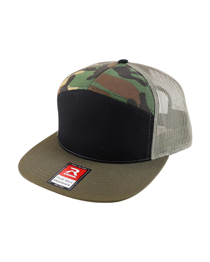 Richardson 168 7-Panel Trucker Hat Black/Camo/Loden Richardson 168 7-Panel Trucker Hat Black/Camo/Loden